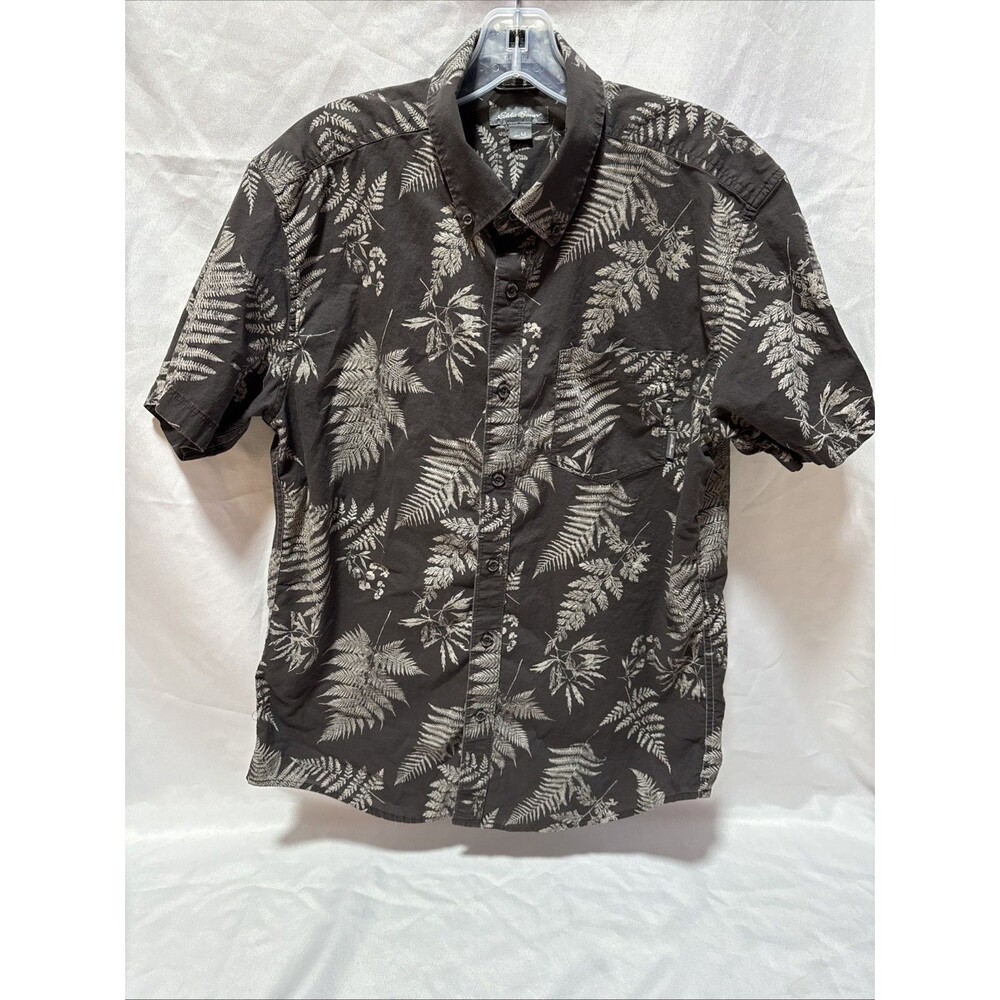 Eddie Bauer Short Sleeve Shirt Mens M Grey Cotton Button Down Tropical Collared